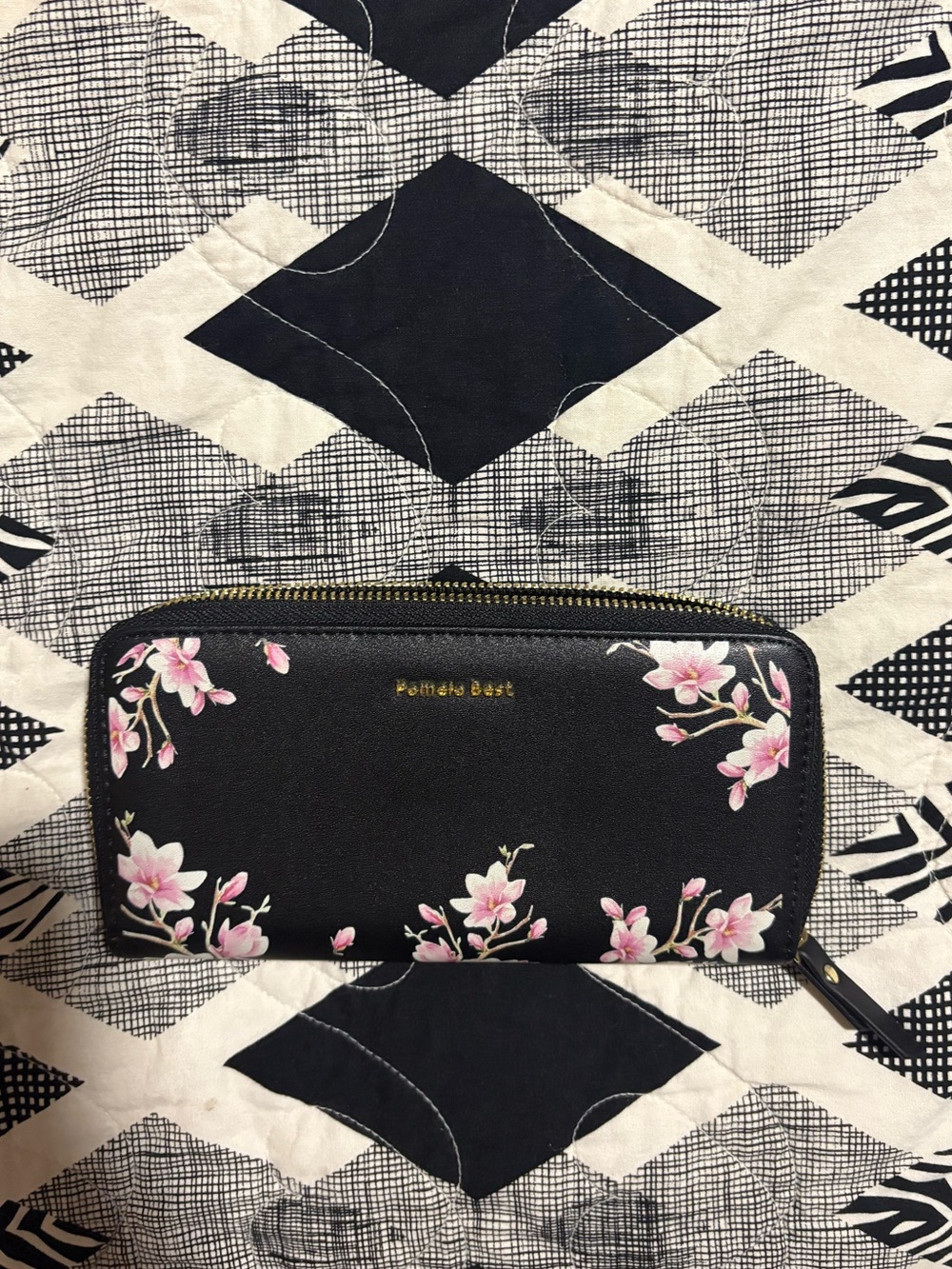 Pomelo Black Zip-Around Wallet with Pink Floral Print